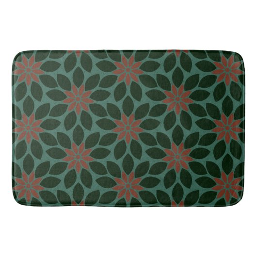 Blockdruck Tile Blume dunkelgrün rot Badematte (Vorderseite)