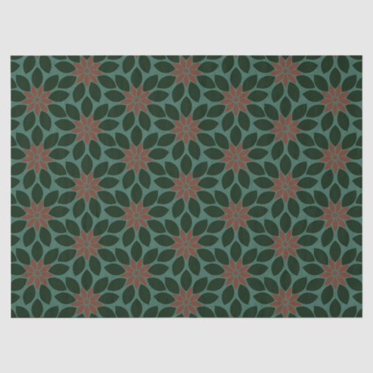 Blockdruck Tile Blume dunkelgrün rot Seidenpapier (Vorderseite)