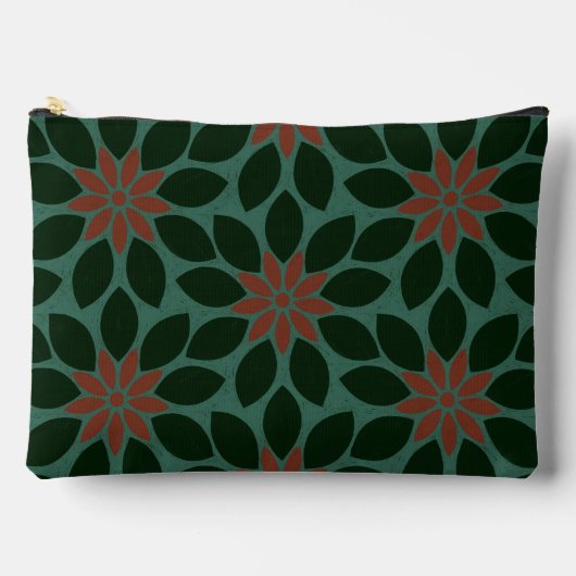 Blockdruck Tile Blume dunkelgrün rot Zubehörtasche (Vorderseite)