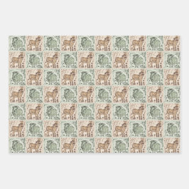 Blockdruckschaf-Eselquilt - Grün braun. Geschenkpapier Set