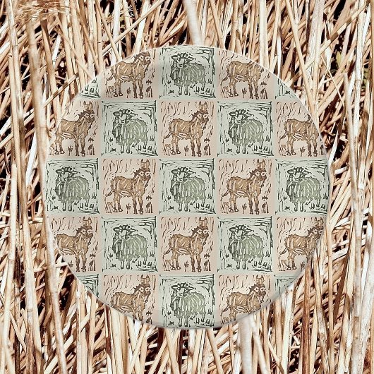Blockdruckschaf-Eselquilt - Grün braun. Pappteller
