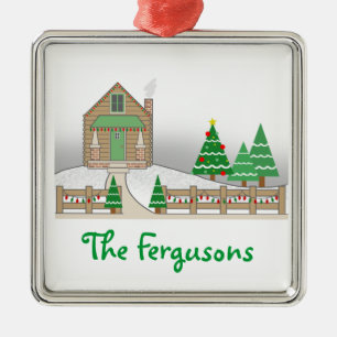 Blockhaus-u. Weihnachtslicht-Schnee-Szene Ornament Aus Metall