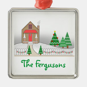 Blockhaus-u. Weihnachtslicht-Schnee-Szene Ornament Aus Metall