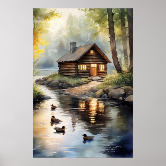 Blockhütte am Fluss 2 Poster (Vorne)