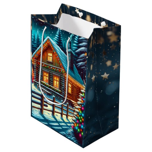 Blockhütte am Heiligabend Mittlere Geschenktüte (Vorderseite Schrägansicht)