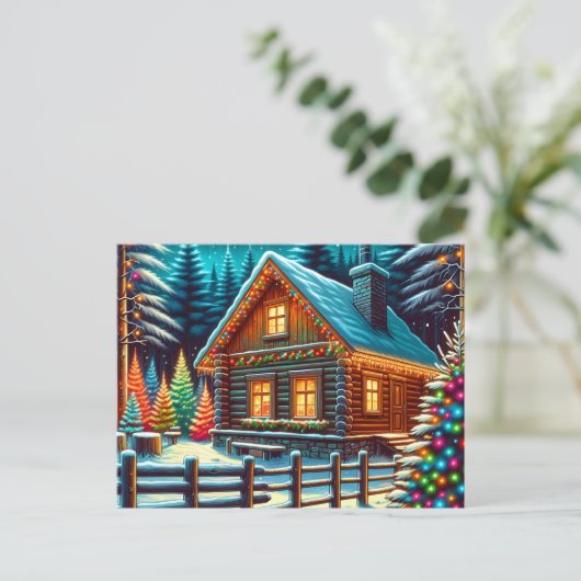 Blockhütte am Heiligabend Personalisiert Postkarte (Stehend Vorderseite)