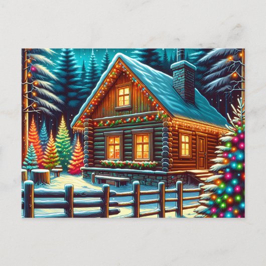 Blockhütte am Heiligabend Personalisiert Postkarte (Vorderseite)