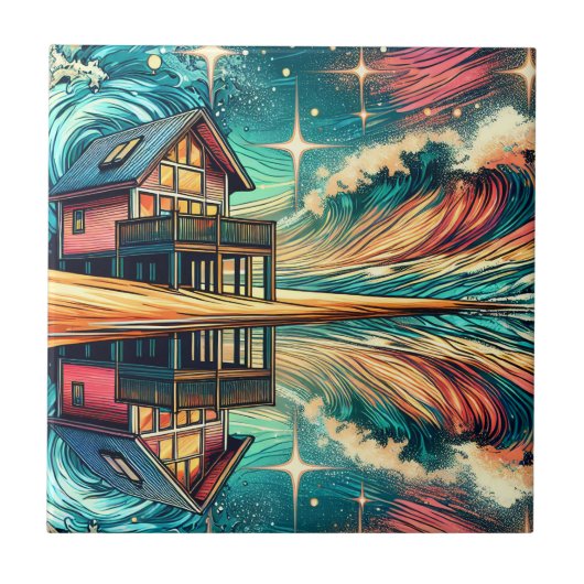 Blockhütte am Strand Art Ai Art Fliese (Vorderseite)