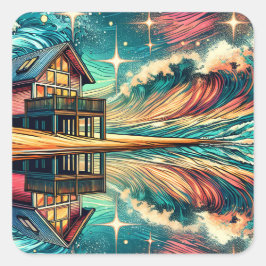 Blockhütte am Strand Art Ai Art Quadratischer Aufkleber