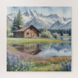 Blockhütte auf einer Frühlingswiese Puzzle
