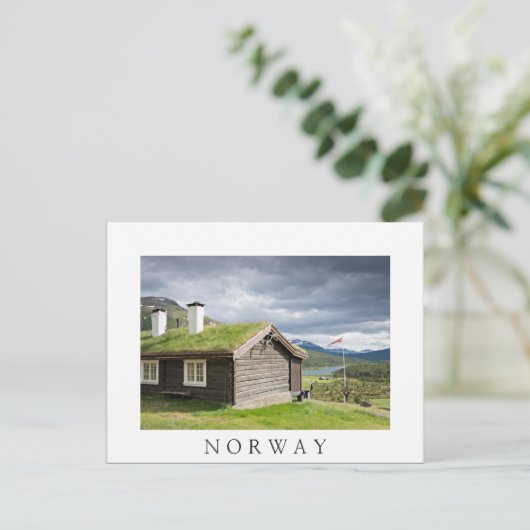 Blockhütte aus Sod-Dach in Norwegen, weiße Postkar Postkarte (Stehend Vorderseite)