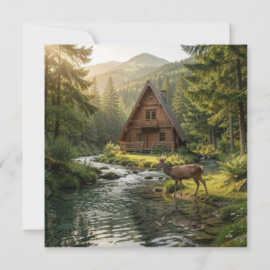 Blockhütte, Bach, Berge und Hirsche Naturkunst (Vorderseite)