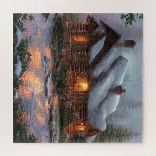 Blockhütte im Holzpuzzle Puzzle (Horizontal)