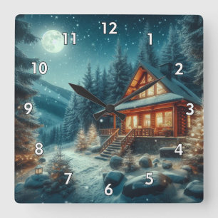 Blockhütte im schneebefluteten Wald unter dem Mond Quadratische Wanduhr