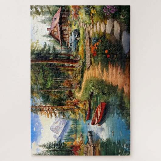 Blockhütte in der Wasserfarbe des Waldes Puzzle (Vertikal)