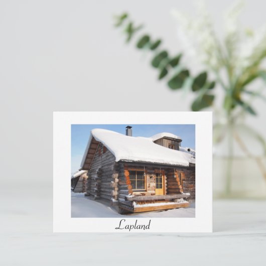 Blockhütte mit Schnee in Lappland, weiße Postkarte (Stehend Vorderseite)
