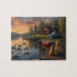 Blockhütte Sonnenuntergang See Hunde Oldtimer Puzzle