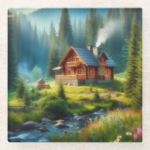 Blockhütte, Stream und Blume im Wald Glasuntersetzer