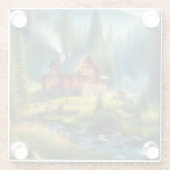Blockhütte, Stream und Blume im Wald Glasuntersetzer (Rückseite)