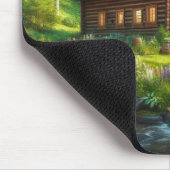 Blockhütte, Stream und Blume im Wald Mousepad (Ecke)