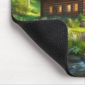 Blockhütte, Stream und Blume im Wald Mousepad (Ecke)