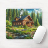 Blockhütte, Stream und Blume im Wald Mousepad (Mit Mouse)