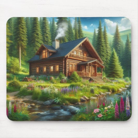Blockhütte, Stream und Blume im Wald Mousepad (Vorne)
