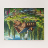 Blockhütte, Stream und Blume im Wald Puzzle (Horizontal)