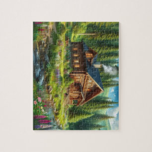 Blockhütte, Stream und Blume im Wald Puzzle