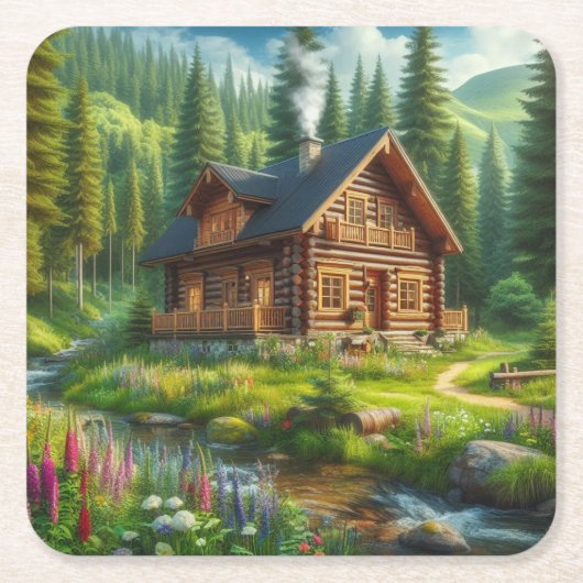 Blockhütte, Stream und Blume im Wald Rechteckiger Pappuntersetzer (Vorderseite)