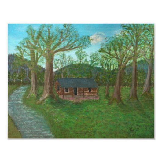 Blockhütte und Bäume Fotodruck (Vorne)