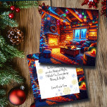 Blockhütte und warmer Kamin am Heiligen Abend<br><div class="desc">Da der Schnee auf diese magische Nacht fällt,  wünsche ich Ihnen alles Gute und viel Schärfe. Ein gemütliches und gemütliches Wohnzimmer mit einem gemütlichen Kamin und einer Weihnachtskarte. Text auf drinnen kann personalisiert sein.</div>
