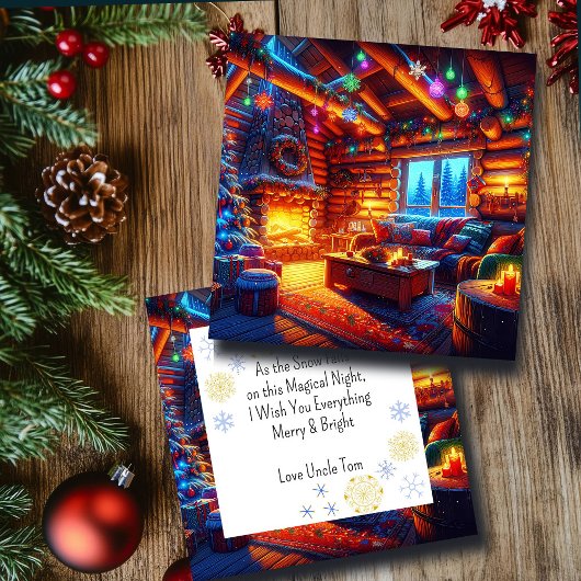 Blockhütte und warmer Kamin am Heiligen Abend