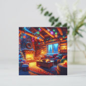 Blockhütte und warmer Kamin am Heiligen Abend (Stehend Vorderseite)