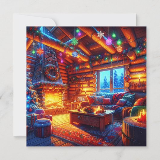 Blockhütte und warmer Kamin am Heiligen Abend (Vorderseite)