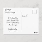 Blockhütte und warmer Kamin am Heiligen Abend Postkarte (Rückseite)