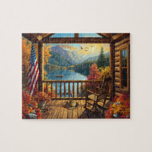 Blockhütte Veranda Herbst Bergsee Aussicht Puzzle