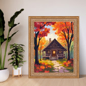 Blockhütte | Wasserfarben Herbstlaub Wald Poster