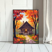 Blockhütte | Wasserfarben Herbstlaub Wald Poster