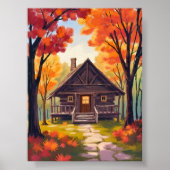 Blockhütte | Wasserfarben Herbstlaub Wald Poster (Vorne)