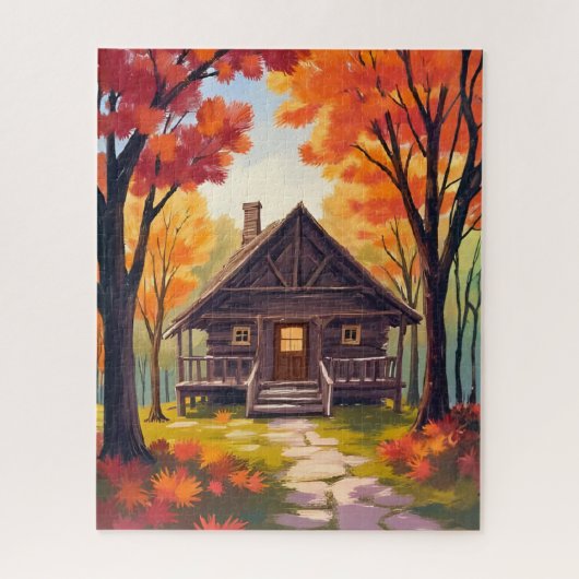 Blockhütte | Wasserfarben Herbstlaub Wald Puzzle (Vertikal)