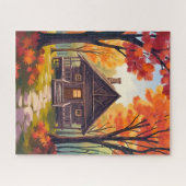 Blockhütte | Wasserfarben Herbstlaub Wald Puzzle (Horizontal)