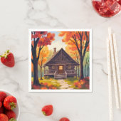 Blockhütte | Wasserfarben Herbstlaub Wald Serviette (Beispiel)