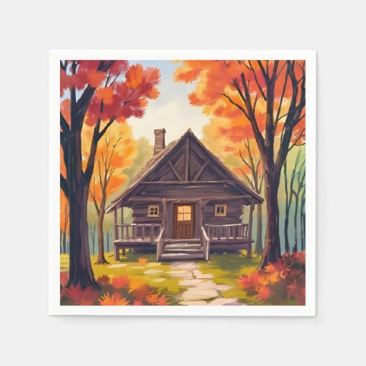 Blockhütte | Wasserfarben Herbstlaub Wald Serviette (Vorderseite)