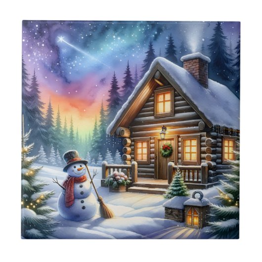 Blockhütte - Weihnachten Fliese (Vorderseite)