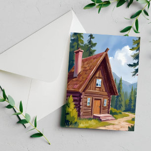 Blockhütten-Cottage-Berglandschaft Postkarte