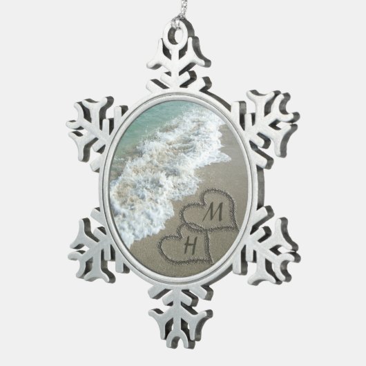 Blockierte Herzen am Strand Schneeflocken Zinn-Ornament (Rechts)