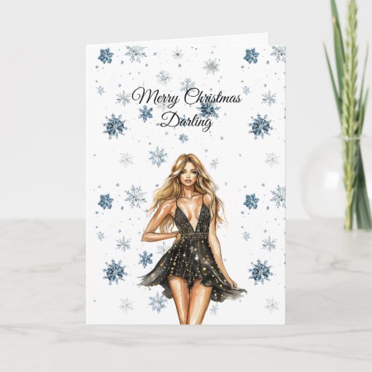 Blond Black Dress Snowflakes Christmas Karte (Vorderseite)