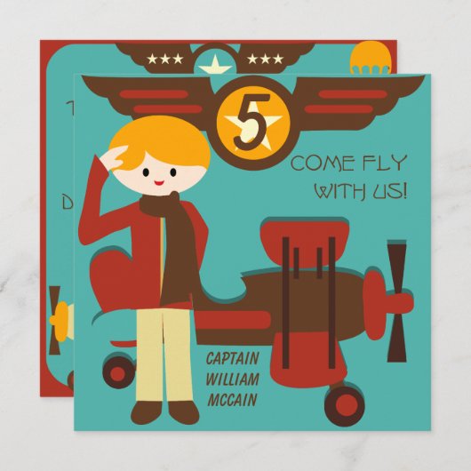 Blond Boy Pilot zum Geburtstag Einladungen (Vorne/Hinten)