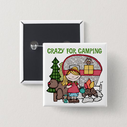 Blond Girl Crazy für Camping Button (Vorne & Hinten)